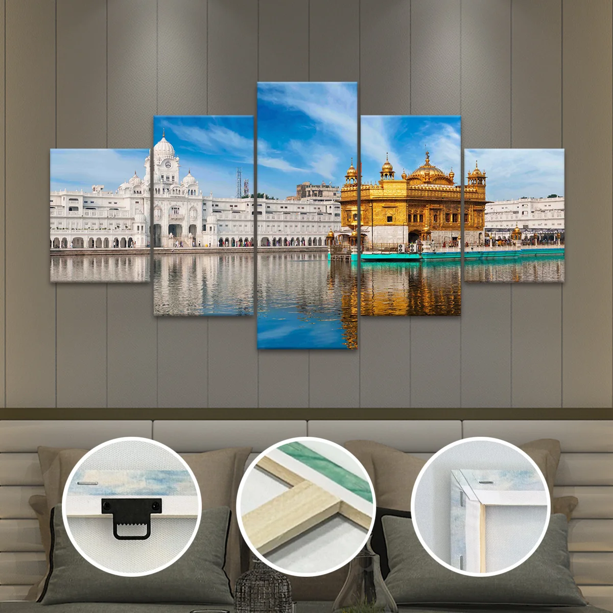 5pcs Classic Golden Temple Amritsar Scenery Framed Canvas Art Prints,DIY Frame Architecture Theme Wall Decor for BedroomNo Frame