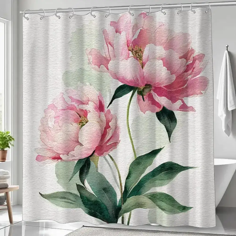 Elegant Peony Floral Watercolor Shower Curtain Waterproof Bath Curtain Polyester Printed Fabric for Bathroom Home Decor