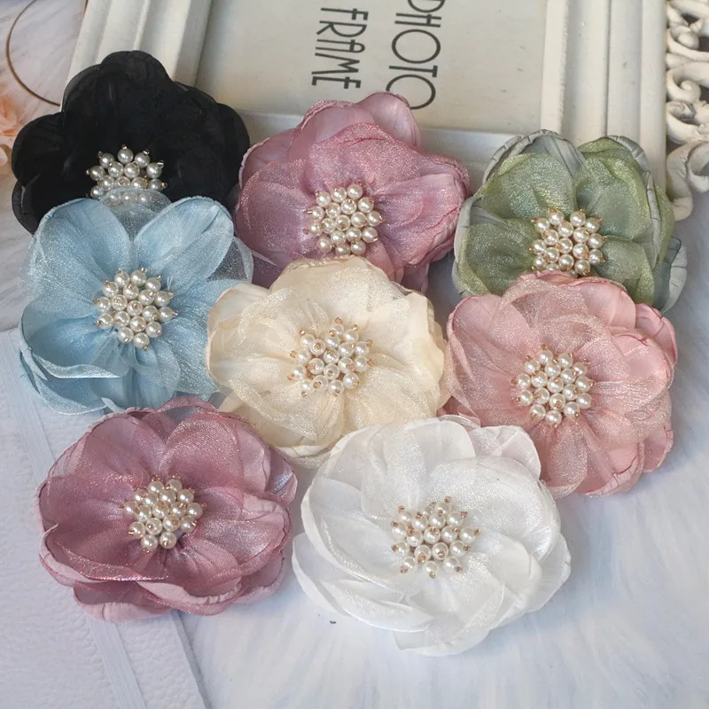 5Pcs 7.5CM Organza Chiffon Fabric Flower Beads Center Handmade DIY Artificial Flower Headwear Dress Hairpin Shoes Decor