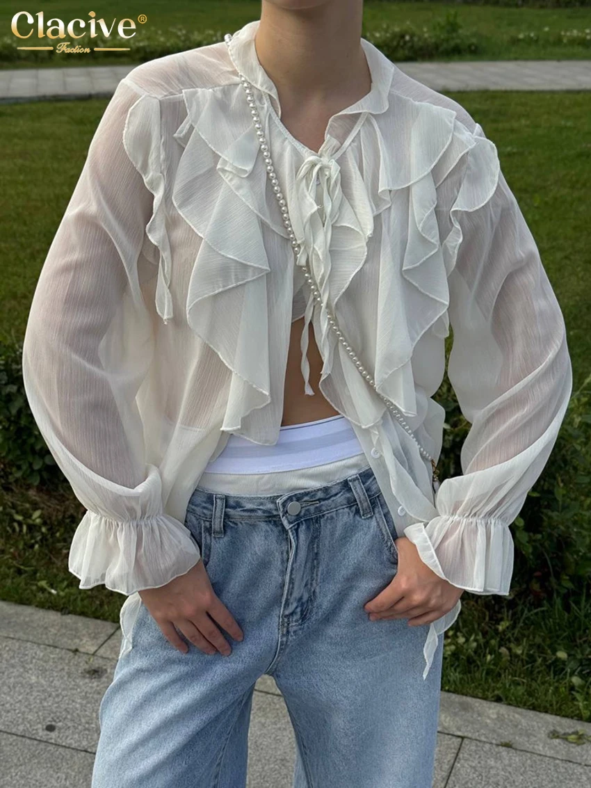 

Clacive Fashion Loose White Women's Shirt Sexy V-Neck Long Sleeve Lday Shirts Elegant Classic Ruffles Solid Top Female Clothing