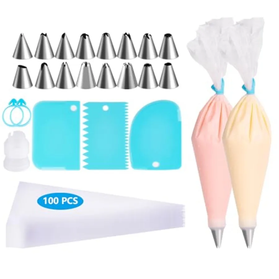 Ping Bags and Ts Set, 100pcs Pastry Bags Cakes Decorating plies Kit, 3 Cake Scrr, 2 Couplers, 16 Ping Ts, 2 Bag Ties 12 INC
