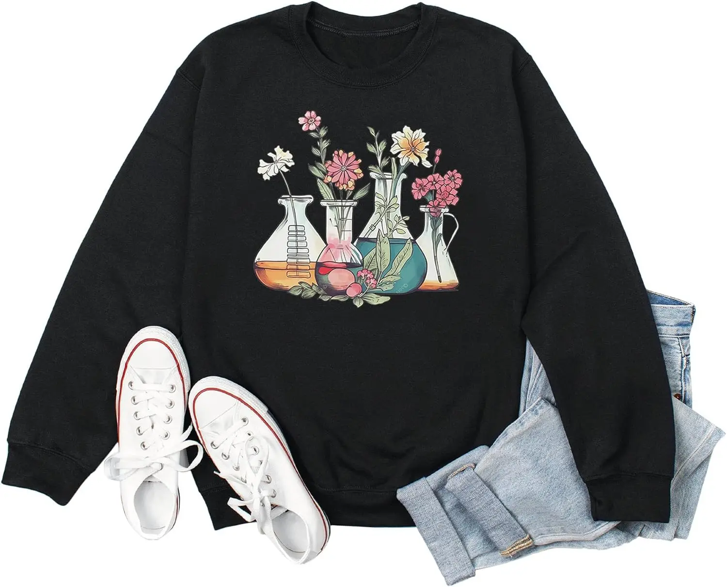 Chemistry Teacher Sweatshirt for Women Floral Beakers Graphic Casual Long Sleeve Crewneck Pullover Tops Scientist Gift