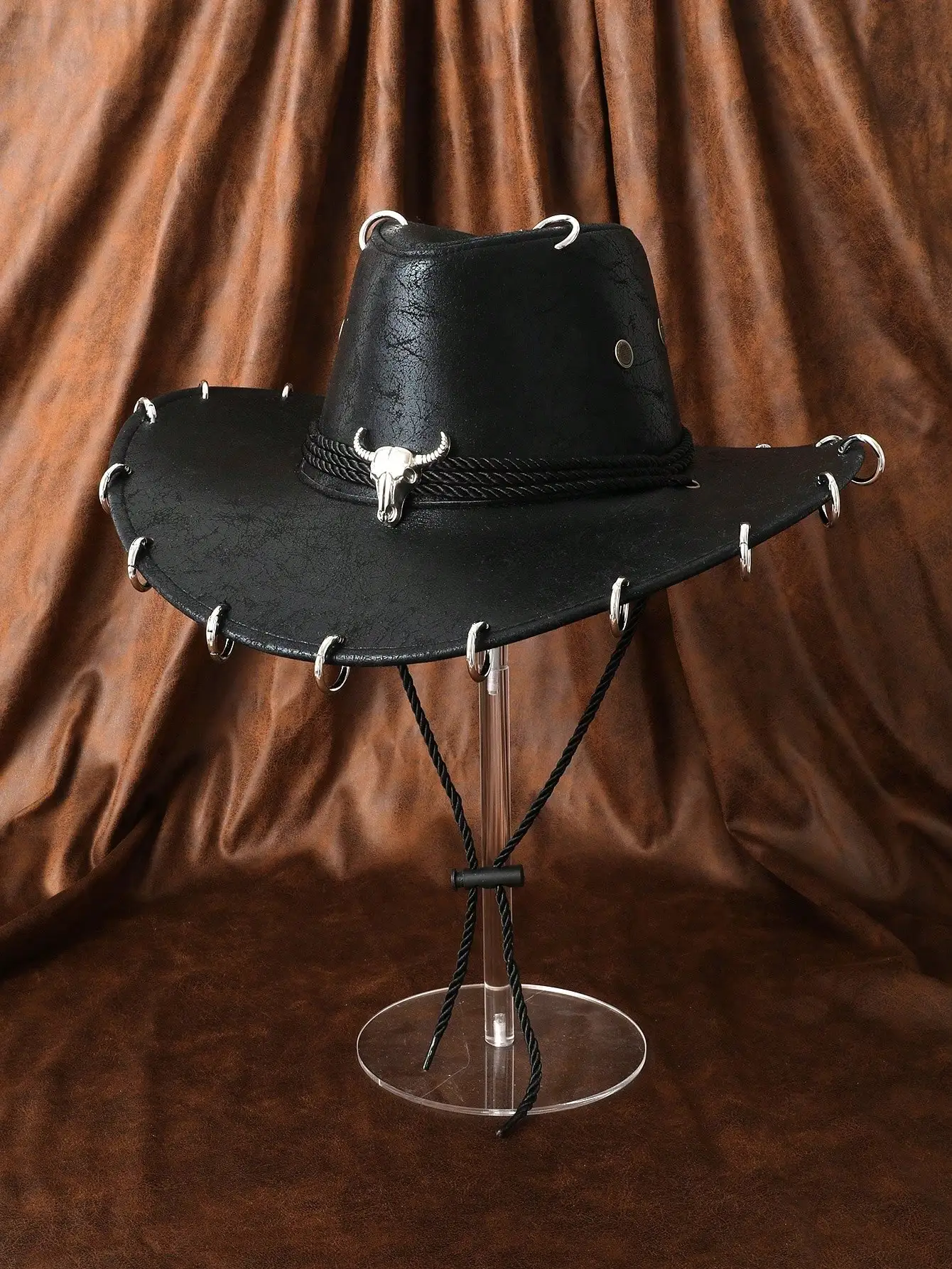 1‑Piece Unisex Solid‑Color PU Leather Cowboy Hat, Vintage Punk Wide‑Brim Sun Hat with 3D Metal Bull Ornament, Adjustable Rope, for Street Style, Parties, Cosplay, Music Festivals & Beach Travel, Gift for Men & Women