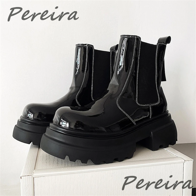 

Mens Patent Leather Motorcycle Boots Round Toe 6CM Thick Soled High Top Boots Autumn Winter Outdoor Height Increase Casual Shoes