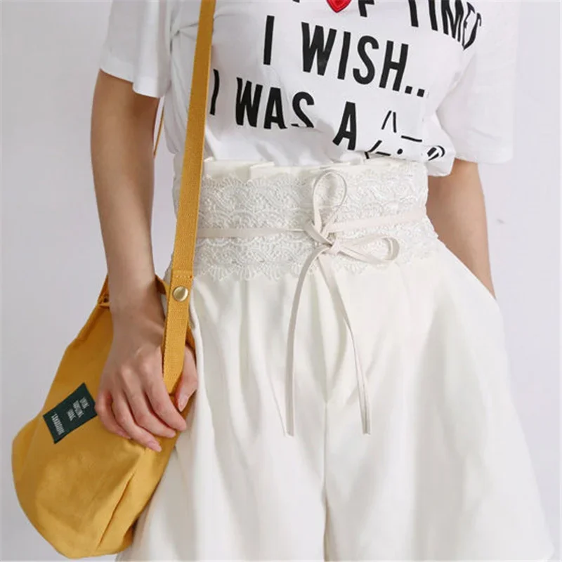 New Women Bow Lace Belt Corset Wide Belts Black White Female Self Tie Waistband Wedding Dress Waist Band