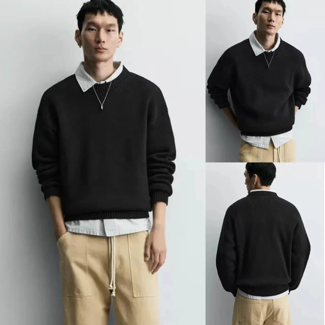 

Новая мужская хлопковая вязаная толстовка с длинным рукавом и круглым вырезом, свободного кроя, осенняя коллекция 2025 года, удобная, дышащая, повседневная, для дома и улицы