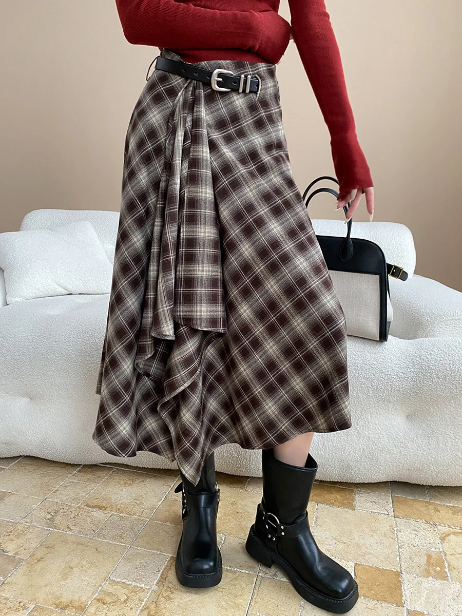 

2025 Spring And Autumn Retro British Style Irregular Contrast Plaid Skirt High Waist A-line Women's Skirt