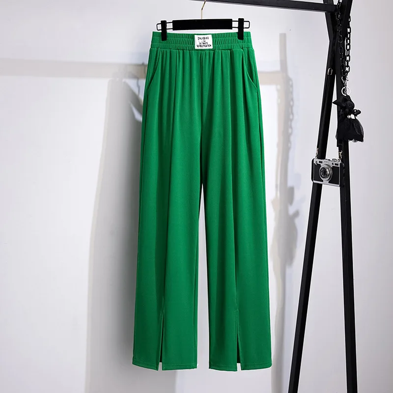 100/150kg  Big Size Straight Pants Women\'s Show Thin Summer High Waist Split Pants Oversized Loose Ice Silk Pants 5XL 6XL 7XL