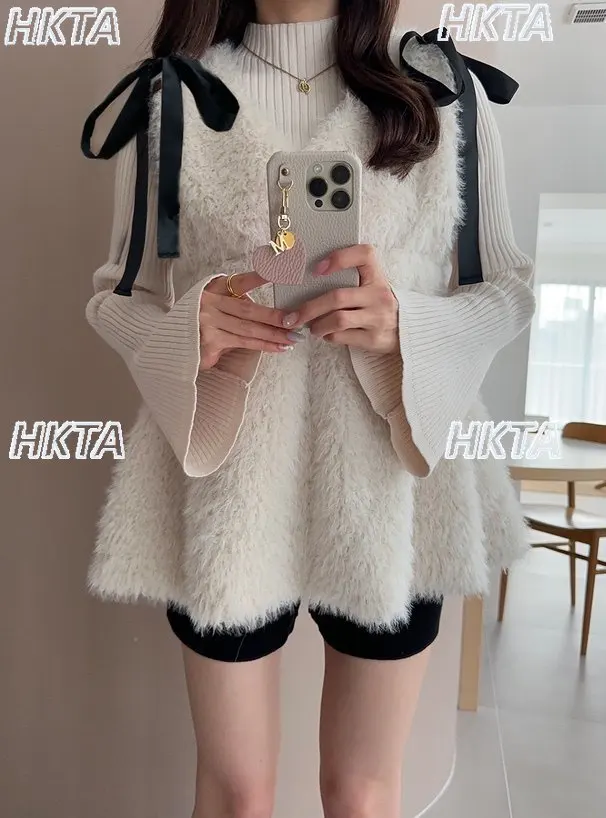 

Японский ретро-бант на шнуровке с v-образным вырезом, плюшевый жилет, вязаный пуловер, женский осенне-зимний новый теплый свободный повседневный белый свитер, топ для женщин