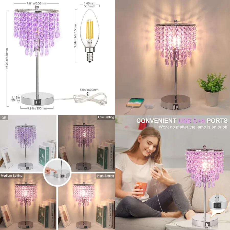 

USB Bedside Crystal Lamp, 3 Way Dimmable Touch Nightstand Lamp with Dual USB Charging Ports, Table Lamp Decorative Accent Lamp