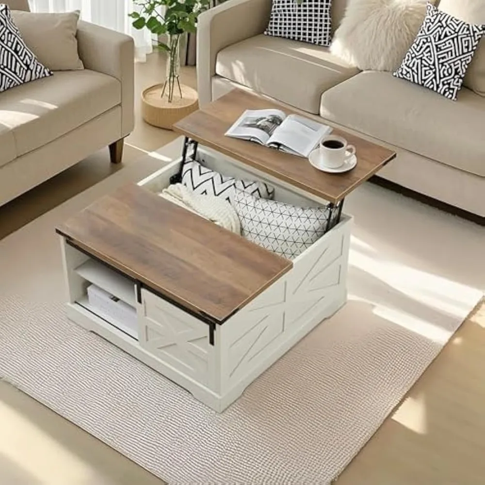 

Farmhouse Lift Top Coffee Table with Hidden Storage Square Coffee Table Sliding Barn Door and Adjustable Shelf Rustic Wood Cente