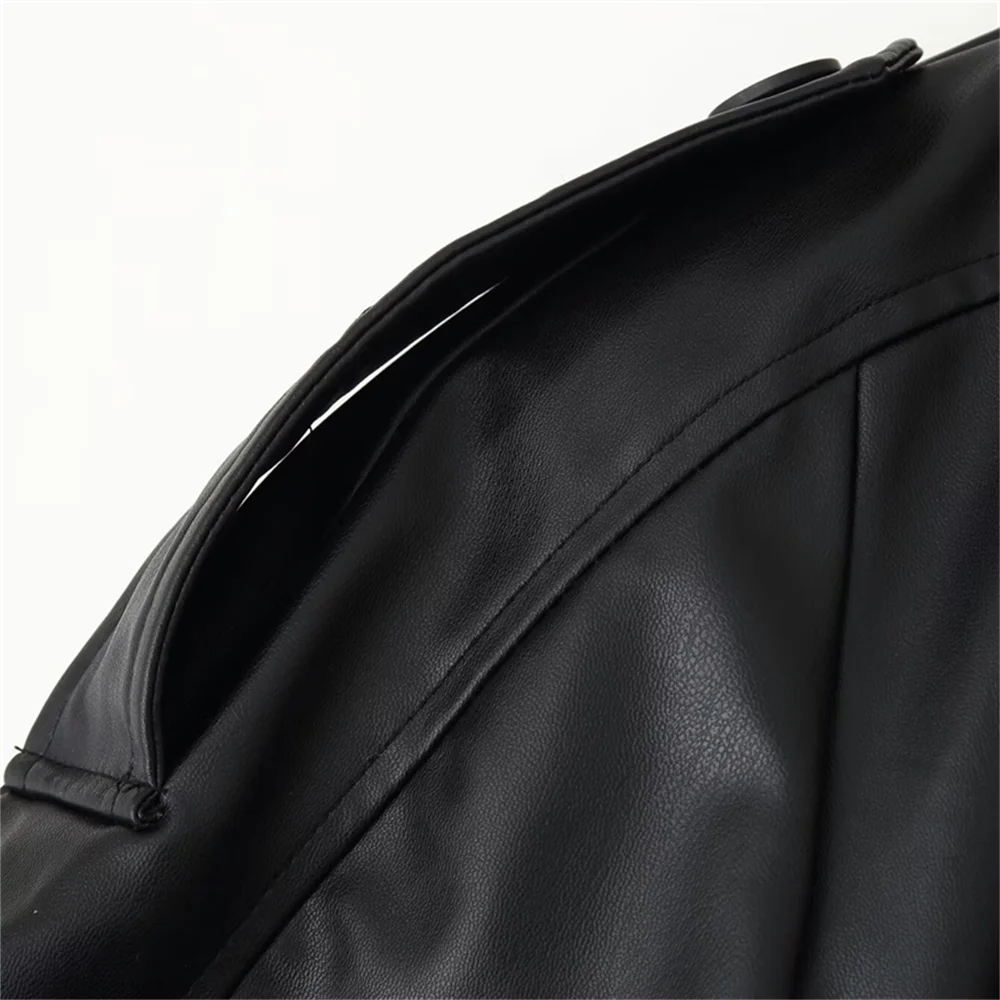 レディースファッション カジュアル ラペル 長袖 ベルト飾り シングルブレスト フェイクレザー ショート丈 ウィンドブレーカー