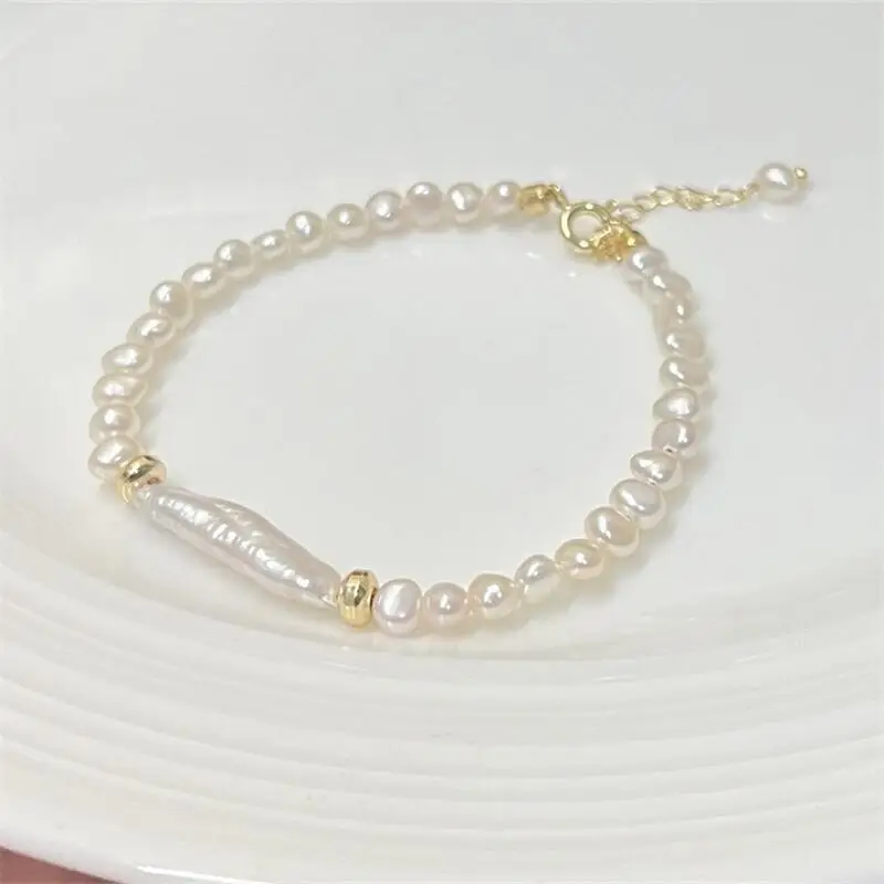 

Handmade Stick Pearl Bracelet 14K Gold Filled, Irregular Freshwater Pearl Beaded Chain, Minimalist Chic Jewelry for Her