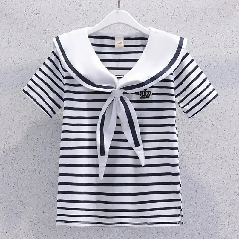 Girls Summer Casual Striped Sailor Collar Short Sleeve Suits 4 6 8 10 12 14 Years Girls JK Style Fashion Tops+Skirts 2pcs Sets