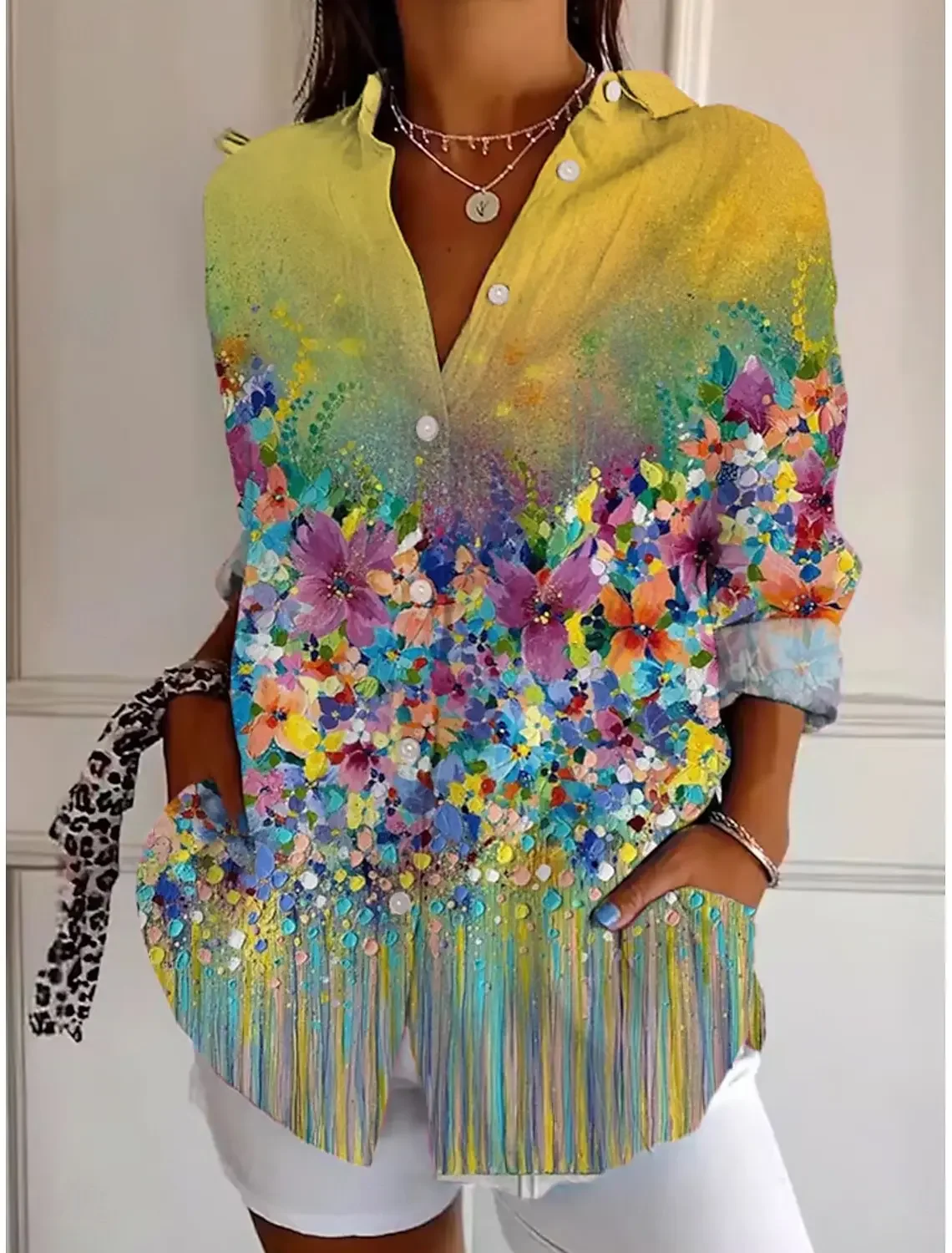 

2025 Spring Women's Shirts Floral Graphics Blouse Lapel Neck Blouse Women's Long Sleeve Shirt Womens Clothes
