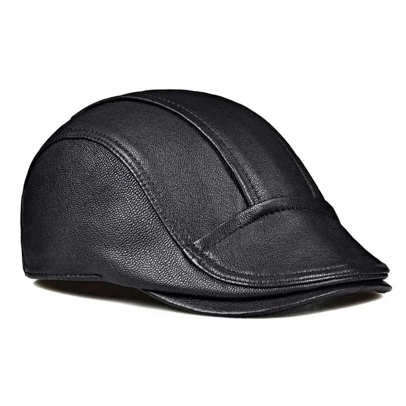 Men's Outdoor Leather Hat Winter Berets Male Warm Ear Protection Cap 100% Genuine Leather Dad Hat Duckbill Leisure  Caps for Men