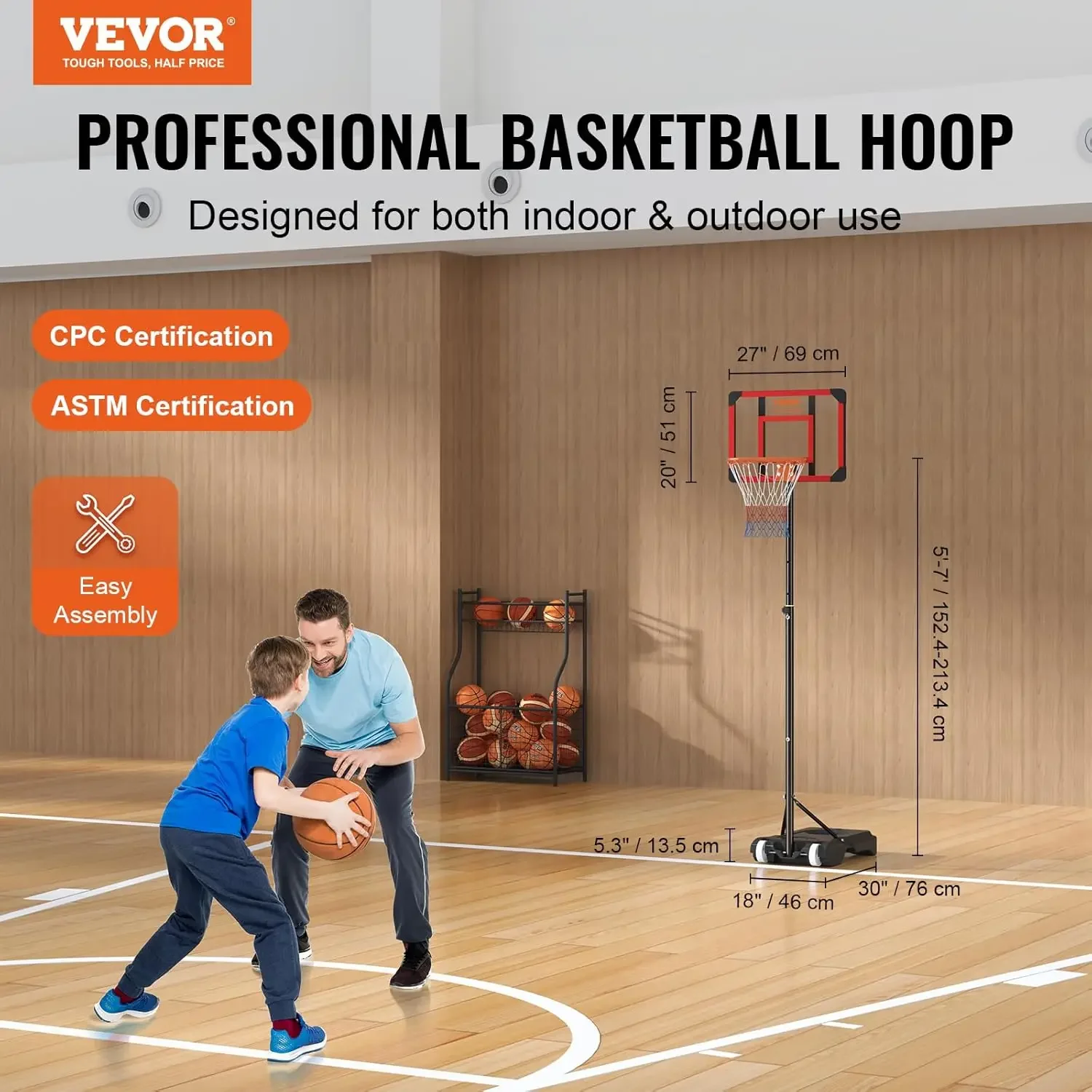 Basketball Hoop, Adjustable Height Portable Backboard Hoop Court, Basketball Hoops Goal