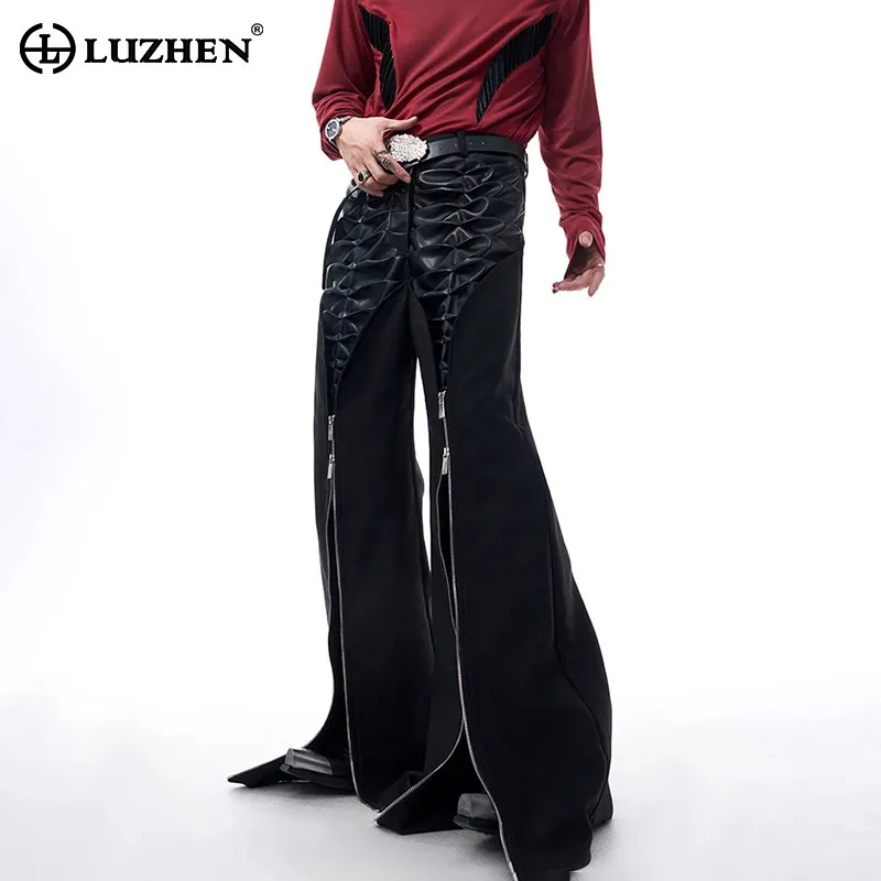 LUZHEN Niche Multi Layer Pleated Leather Pants Fashion High Street Luxury New Zipper Split Design Male Straight Pants LZ6510