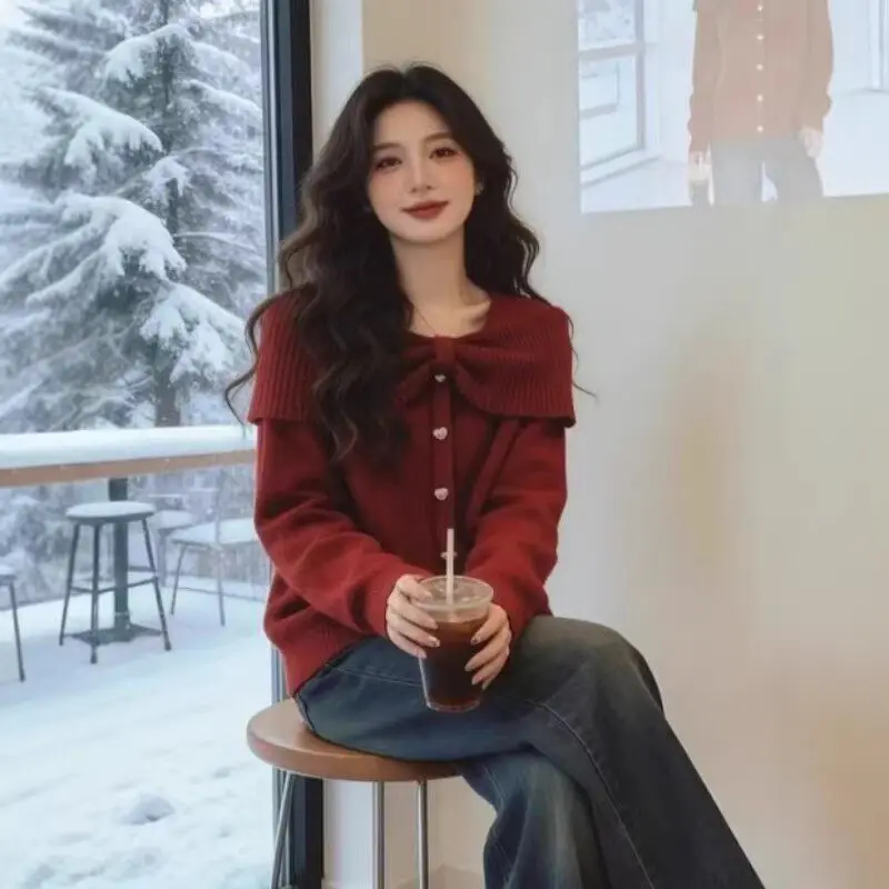 Y2K Women's Burgundy Bow Collar Knit Pullover Top Long Sleeve Heart Button Ruffle Shoulder Sweet Casual Sweater Fall Winter 2026