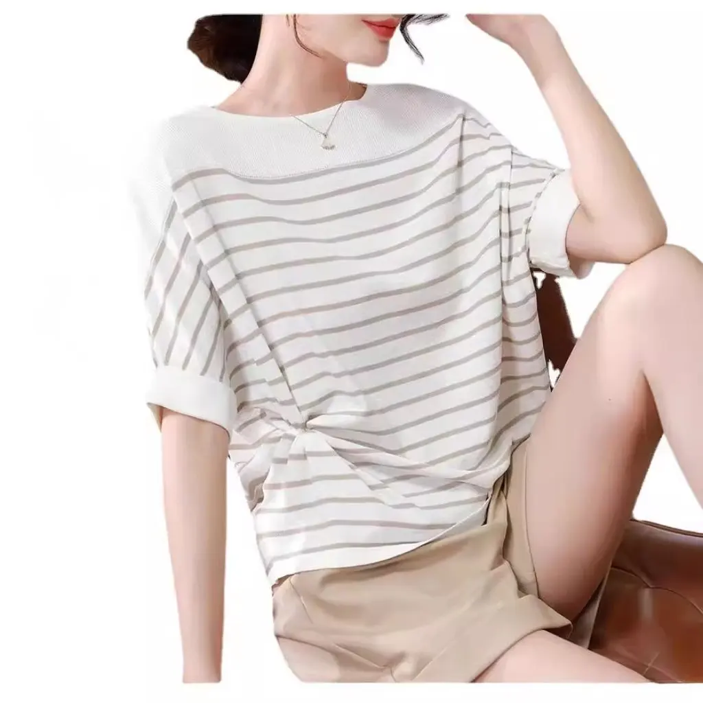 

Women's Striped Bat-Sleeve Top Loose-Fit Pullover Base Shirt Comfortable All-Match Summer Wear