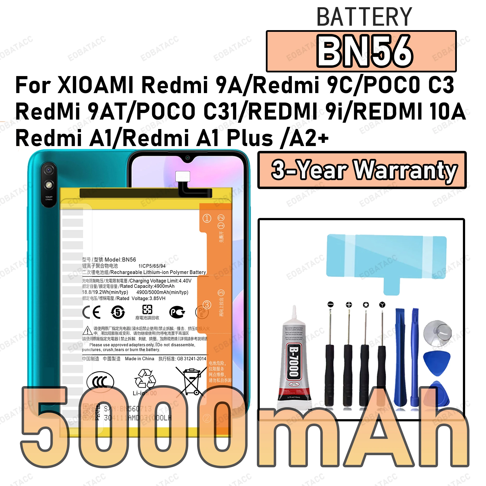

100% New Zero Cycle BN56 Battery For XIAOMI Redmi 9A/Redmi 9C/POCO C3/Redmi 9AT Phone Replacement Bateria +Free Tools