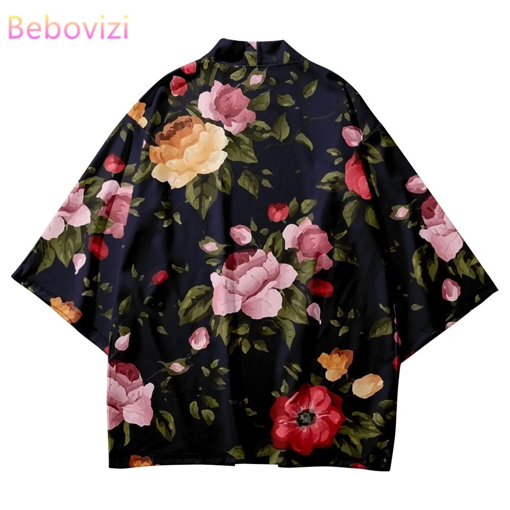 

Fashion Casual Flowers Print Japanese Traditional Kimono Men Women Beach Yukata Cardigan Cosplay Haori Samurai Clothing