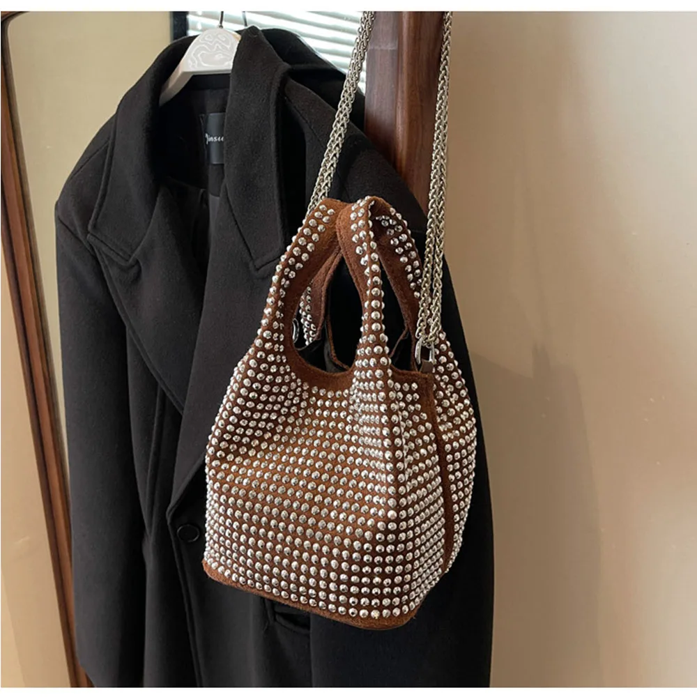 Vintage Women Bucket Bags Faux Diamond Casual Handle Bags Large Capacity Female Daily Chain Shoulder Bag Lady Handbags