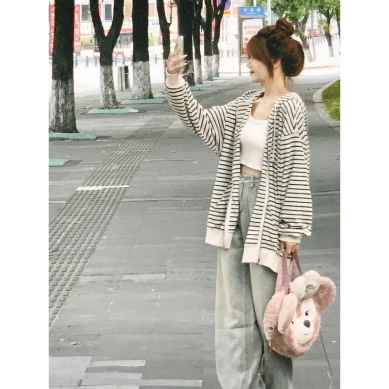 Hoodies Women Striped Cardigan Coats Loose Zipper Hooded Splice Casual Long Sleeve Coat Pocket Lady Outwear Elegant Spring