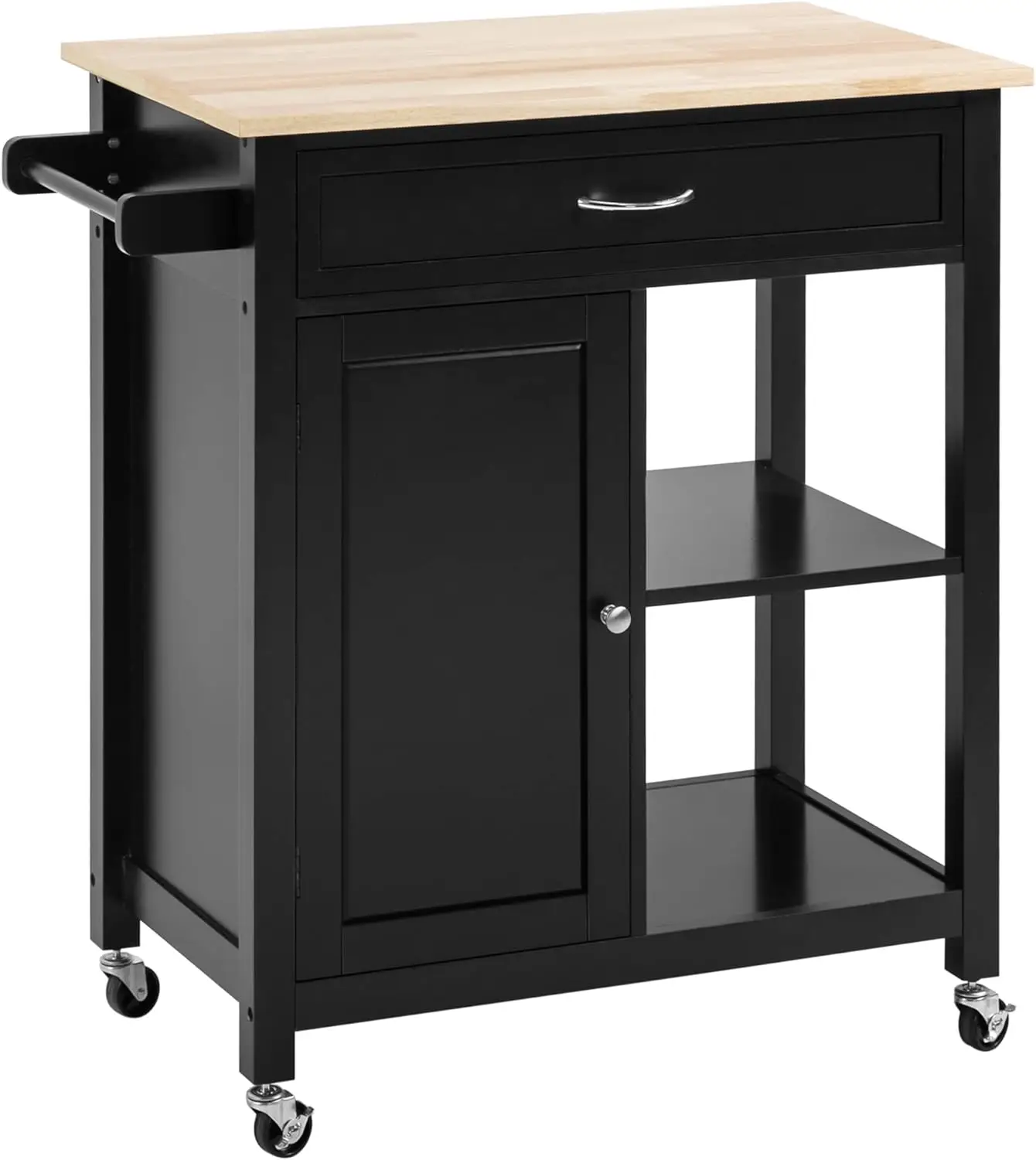 

HOMCOM Kitchen Island Cart, Rolling Kitchen Island with Storage Shelf, Solid Wood Top, Drawer, for Dining Room, Black