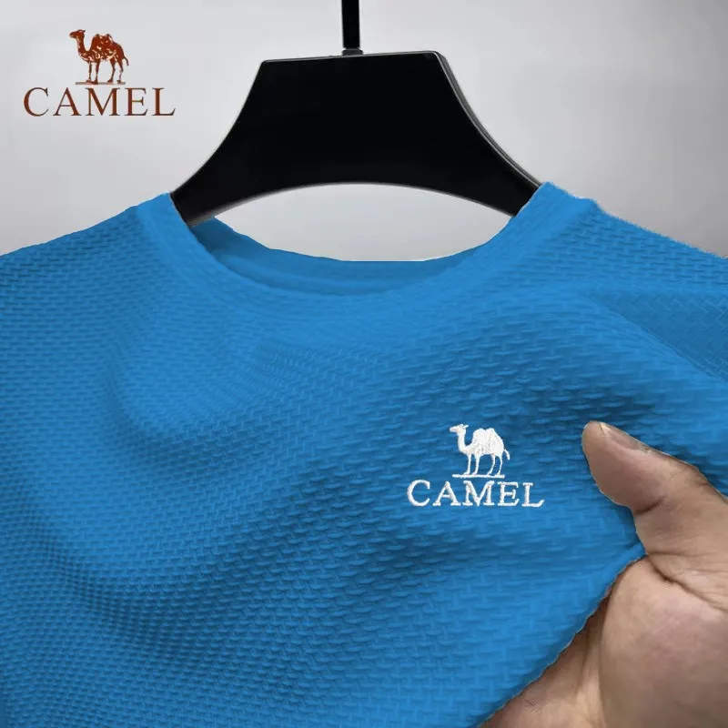 New Men\'s Embroidered CAMEL Ice Silk Round Neck Short Sleeved T-shirt Summer Luxury Fashion Casual Breathable Cool Polo Shirt