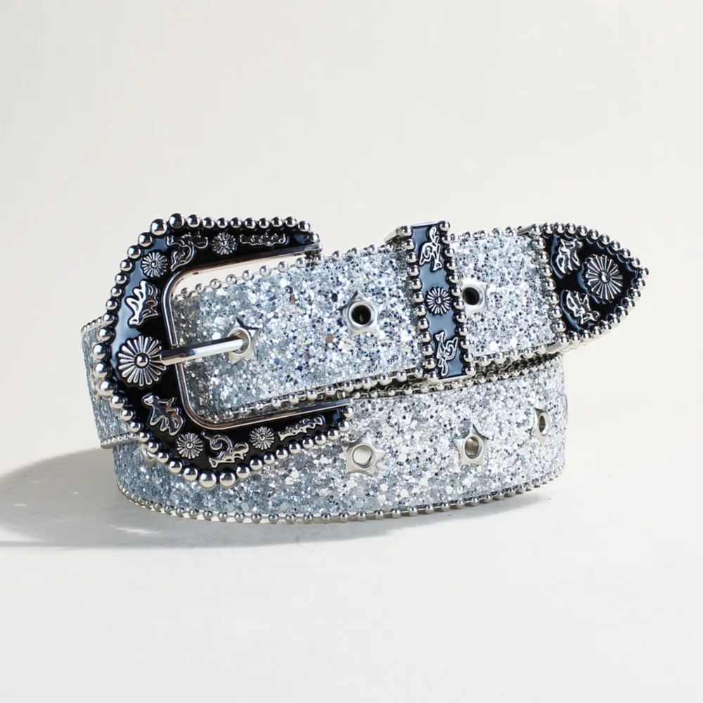 Y2K Retro Personality Gothic Rhinestone Belts for Women Girl Fashion PU Leather Belts Western Cowboy Jeans Skirt Decor Waistband