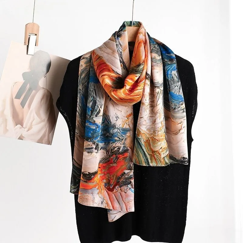 

100% Mulberry Silk Long Scarf for Women Oblong Shawls for Headscarf Neck- Oblong Hair Wraps Gift Packed Orange Oil Painting