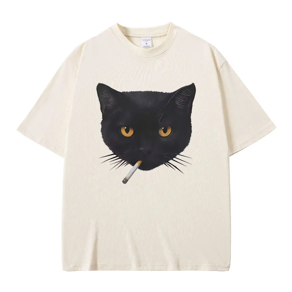 

Smoking Black Cat Funny Meme Graphic T-shirt Men Women Clothing Fashion Oversized T-shirts Male Casual Cotton T Shirt Streetwear