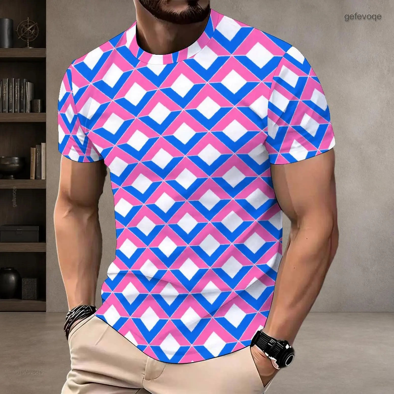 Men White Base Teal Golden Yellow Abstract Geometric Printed Short Sleeve Round Neck T-Shirt