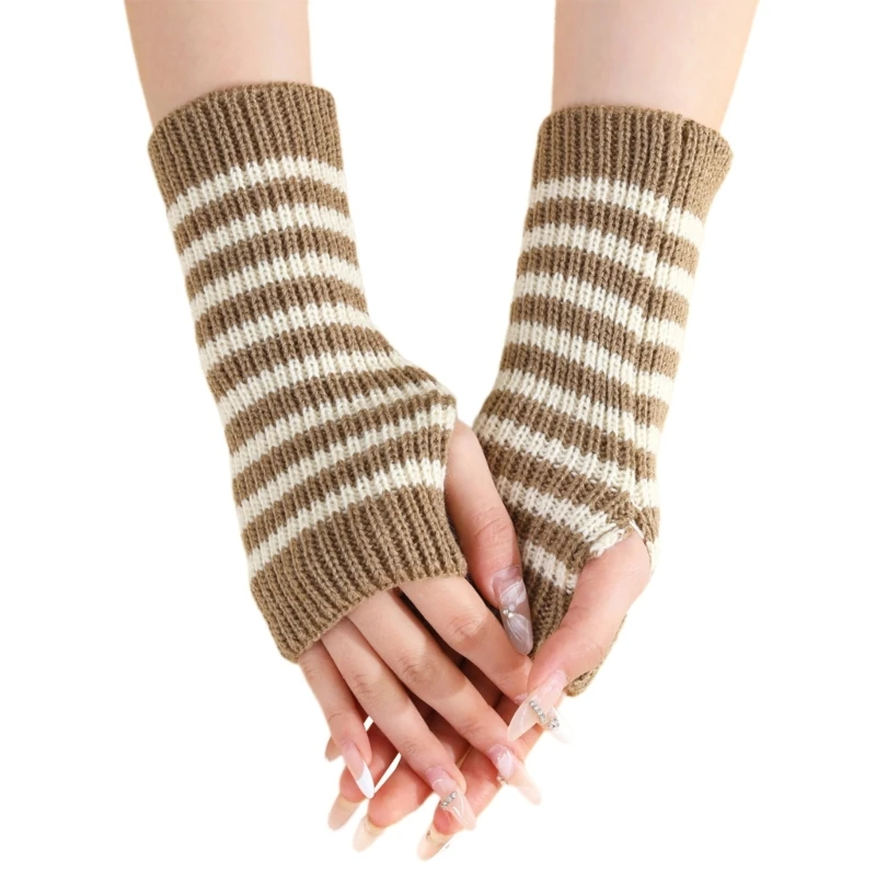 1pair Unisex Stripes Gloves Women Winter Mittens Fashionable Knitted Gloves K3KF