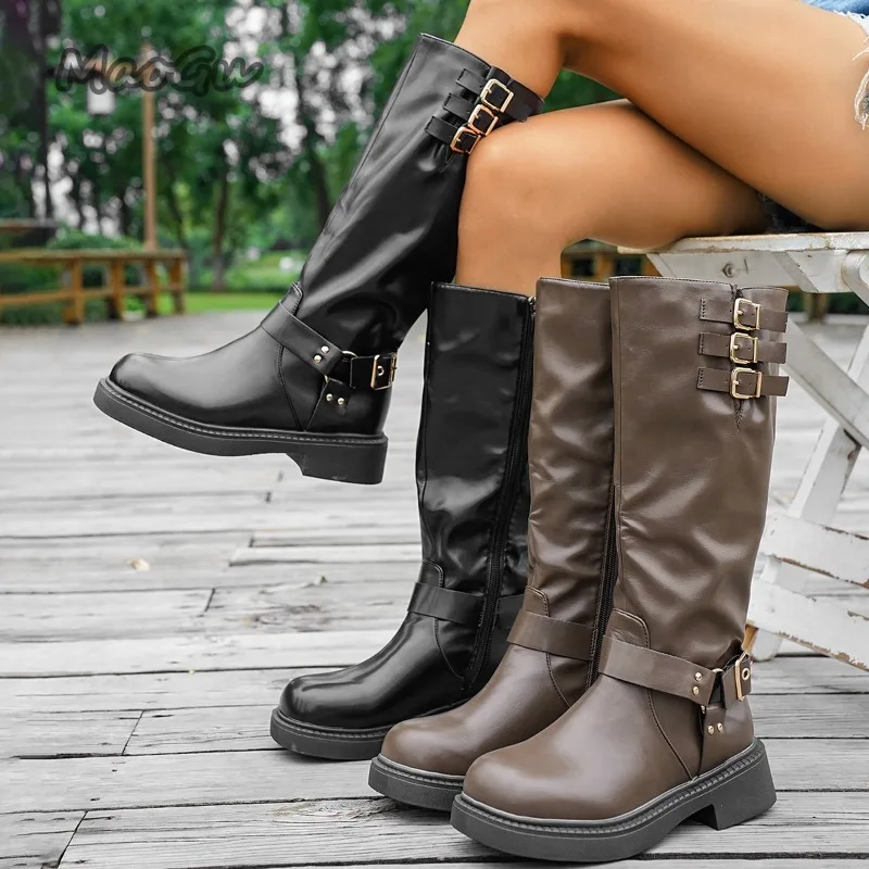 

Винтажные рыцарские ботинки большого размера 36–42, женские рыцарские ботинки с пряжкой на ремне, осень 2022, новинка 202, с круглой головкой, в британском стиле, Botas Largas Mujer, черный искусственный цвет