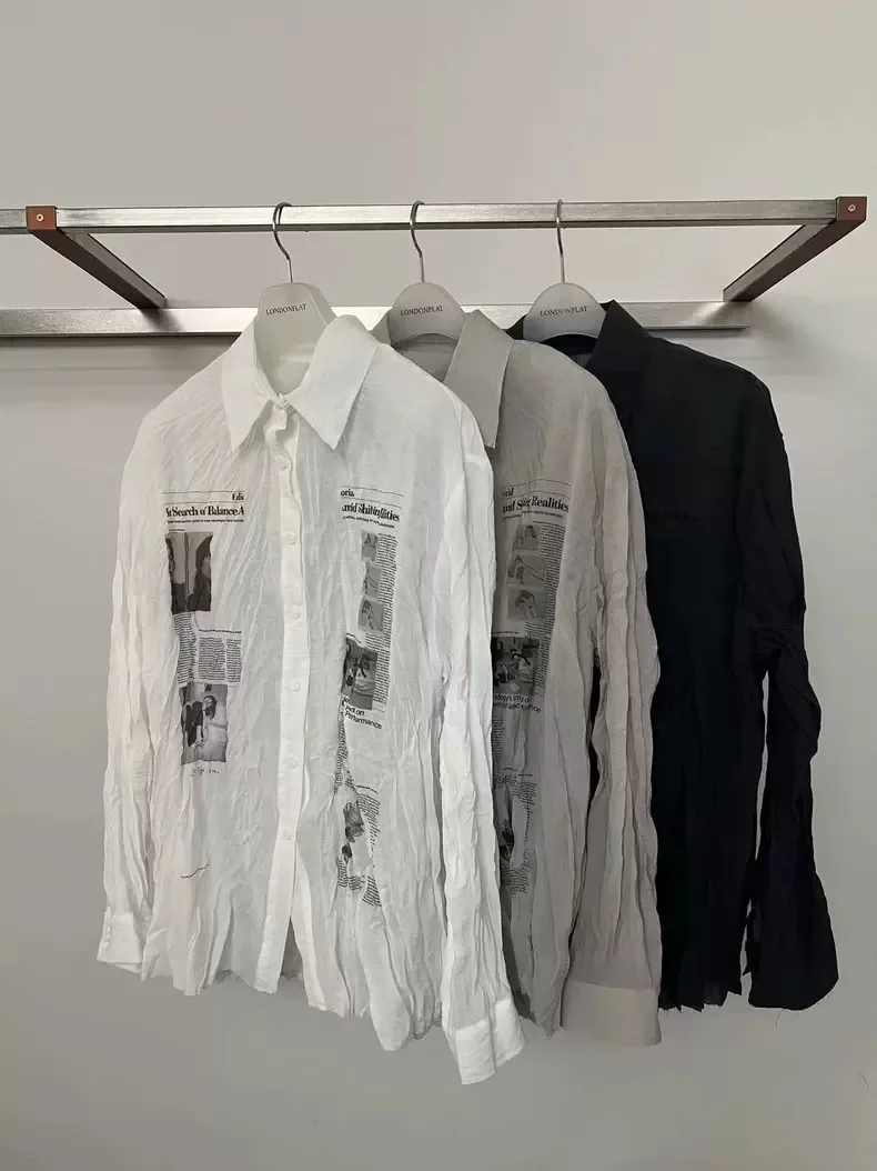 

East Gate Newspaper Print Pleated Long Sve Women's irt Loose Retro Sle Layered Sun Protection irt Floral Pattern