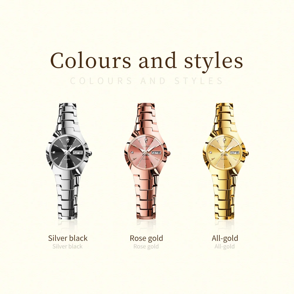 ساعة OLEVS 8697 للسيدات من الفولاذ التنغستن الذهبي عرض تقويم مزدوج كوارتز زجاجي عالي القوة للسيدات