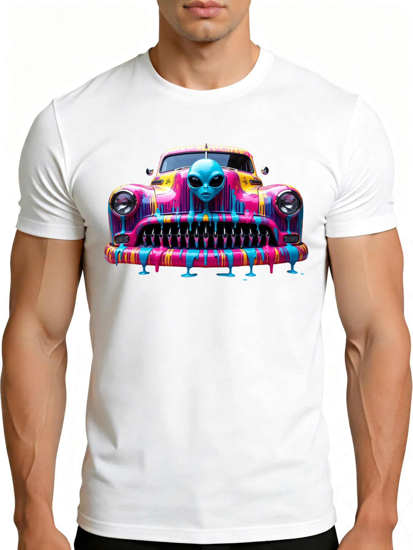 Men's Graphic T-Shirt - Breathable, Soft, Lightweight - Alien Car Colorful Paint Splatter - Retro Fun Pattern Casual Short Sleeve Summer Top, Gift for Him