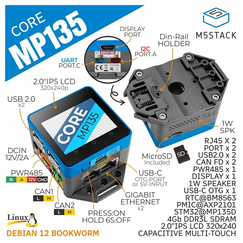 M5Stack M5Stick CoreMP135 Resmi, Host Kontrol Industri Terintegrasi Micro Linux STM32MP135D