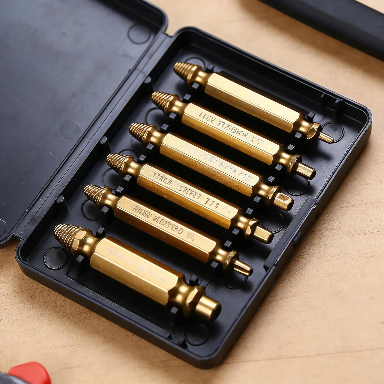 6Piece Damaged Screw Extractor Set Gold Titanium Plated Hss 4341 Stripped Broken Bolt Remover Drill Bit Kit with Storage Box
