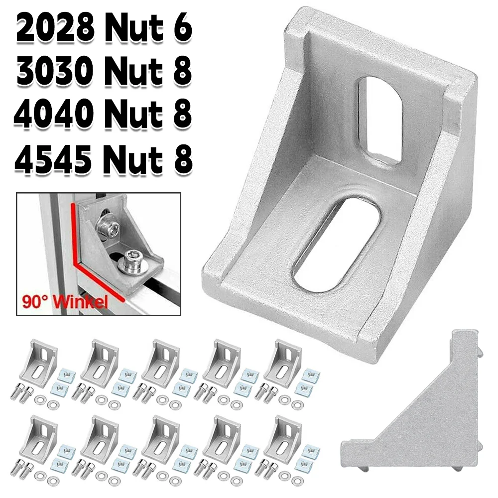 2028/3030/4040/4545 Aluminum Profile Connector Set: 10pcs Corner Bracket + 20pcs M8 T-slot Nuts + 20pcs M8x20mm Hex Socket Cap