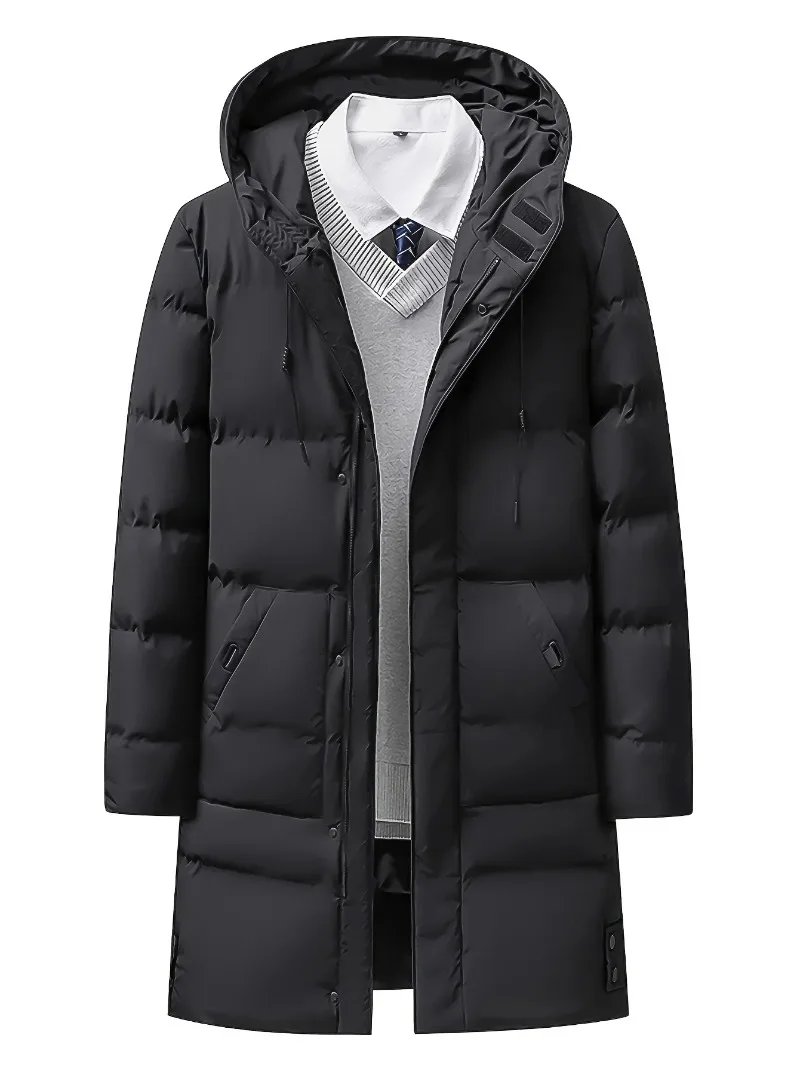 

Men'S Heavyweight Winter Coat Windproof Cold Weather Jacket with Full-Length Zipper, Hooded Long Formality, Large Front Pockets