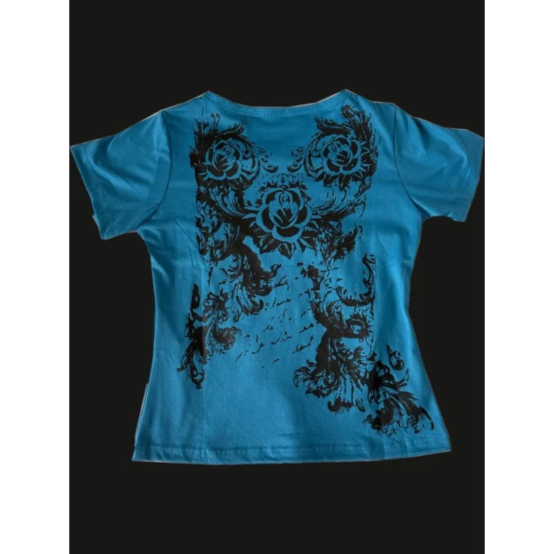 الألفية ثقافة فرعية Y2k القوطية الرجعية Harajuku الأزرق قصيرة الأكمام تي شيرت علوي الصيف شارع العليا موضة تنوعا تي شيرت #5