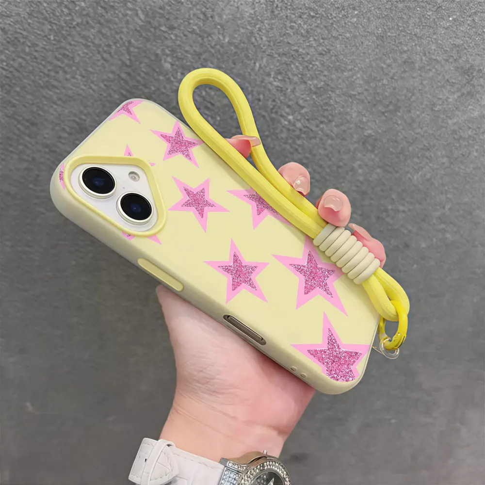 Phone Case For iPhone17 Pro Max 16 13 12 15 14 11 Pro Max Air XS XR 16 14 7 15 8 Plus X Pink Star INS Lanyard Wrist Strap Cover view 2