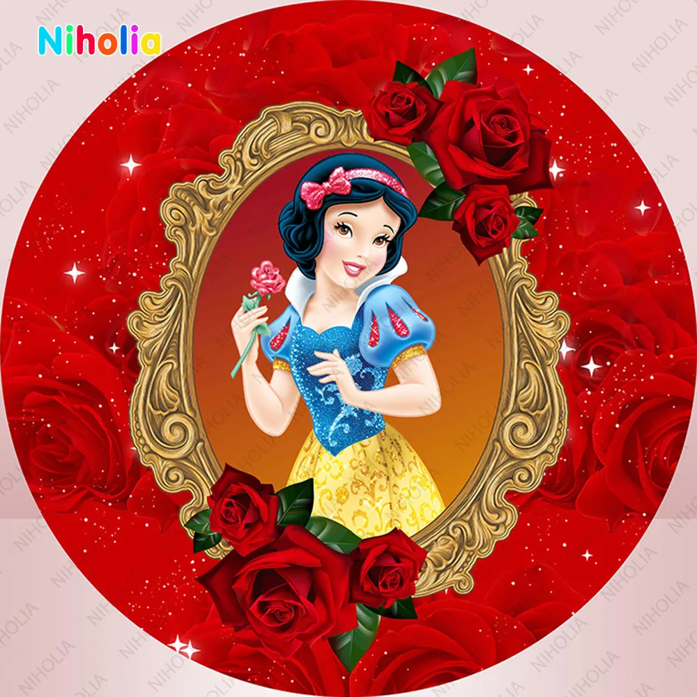 Disney Snow White Princess Backdrops Girl Birthday Party Decoration Round Cover Photozone Background Wedding  Pedestal Cylinder