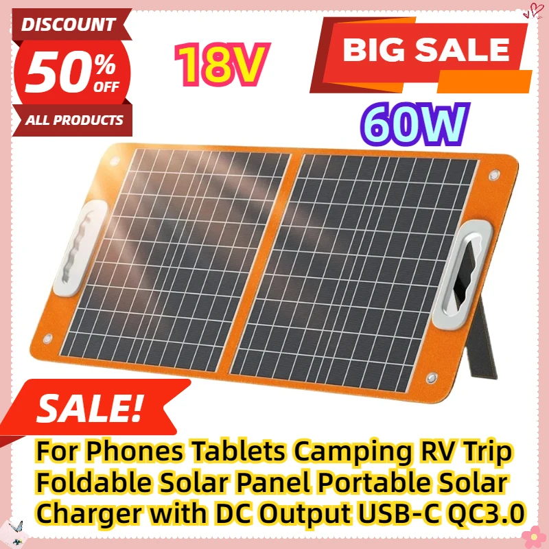 

For Phones Tablets Camping RV Trip Foldable Solar Panel Portable Solar Charger 18V 60W with DC Output USB-C QC3.0