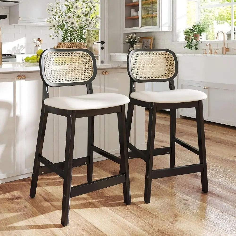 

Set of 2 Rattan Wooden Bar Stools with Linen Upholstery and Curved Back, 26 Inch for Kitchen Island