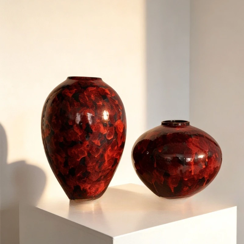 New Chinese flower arrangement ceramics, national tide red countertop vase, hotel restaurant villa clay pot decoration ornament