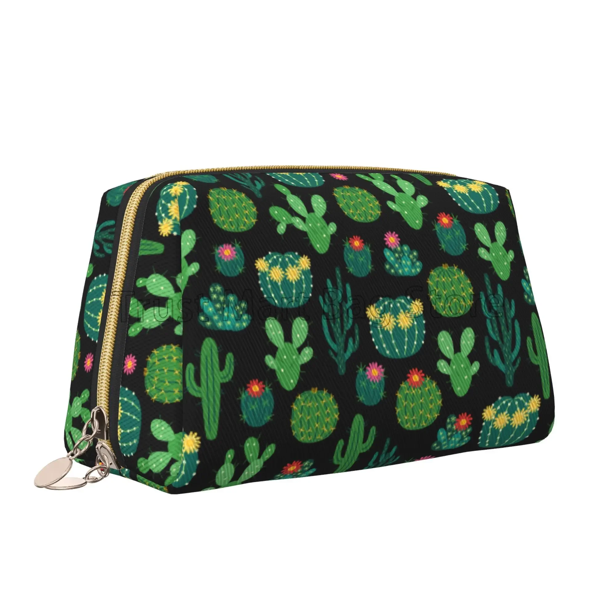 Fresh Blooming Cactus Green Floral Print Cosmetic Organizer Leather Women Travel Toiletry Pouch Cosmetic Bag Portable Makeup Bag